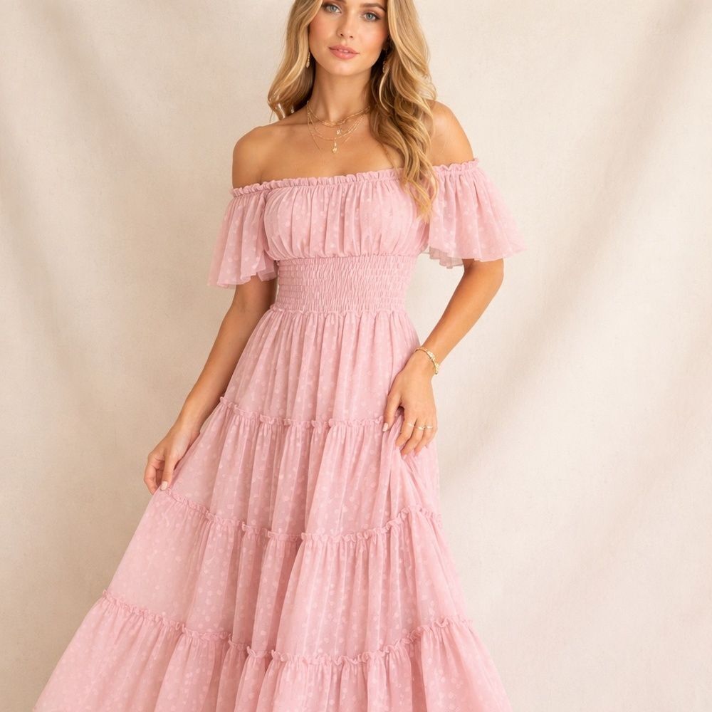NWT MISA Los Angeles Pink Swiss Dot Off Shoulder Maxi Dress XS